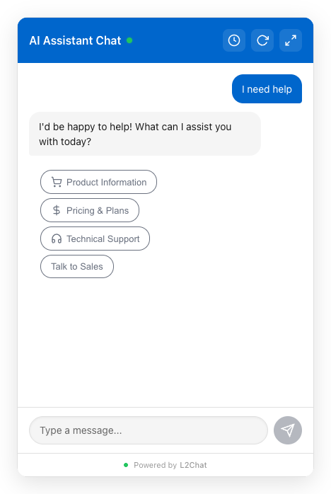 L2Chat widget showing interactive chat with quick reply choices