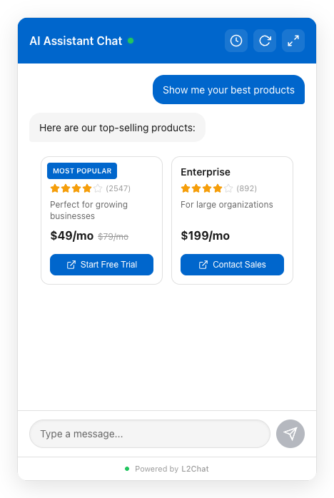 Product cards displayed inside L2Chat widget