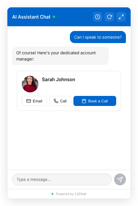 Contact card showing business details in chat