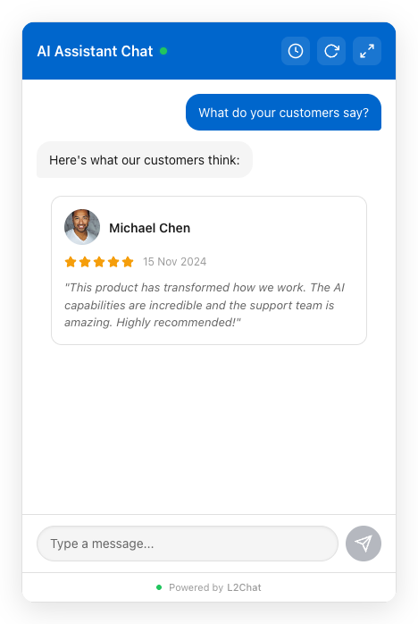 Customer review card with star rating in chat