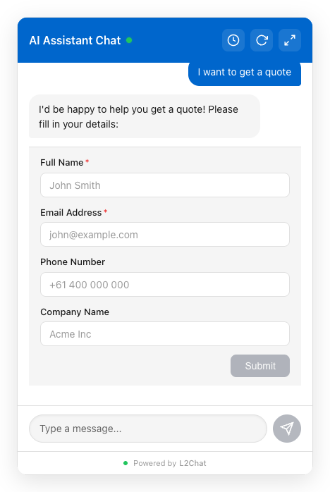 Contact form embedded inside the chat conversation